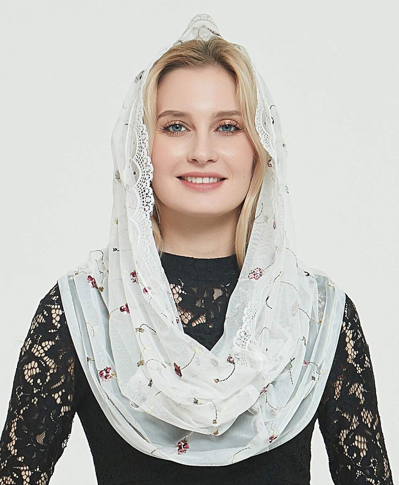 Leimandy Orthodox Veil Head Covering with Embroidered Flowers Catholic Chapel Mantilla Infinity Veil for Church Worship & Latin Mass V50 (Ivory Wrap) - Image 2